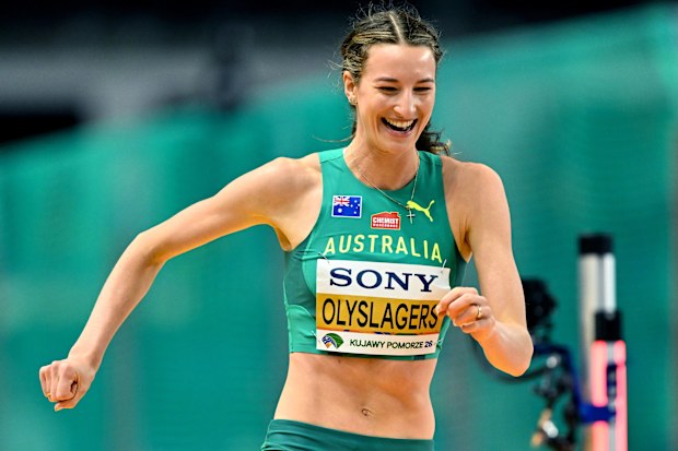 Kujawy Pomorze , Polonya - 20 Mart 2026; Avustralyalı Nicola Olyslagers, Polonya'nın Torun kentindeki Dünya Atletizm Kapalı Alan Şampiyonası'nda kadınlar yüksek atlama finalinde yarışırken tepkisini gösteriyor. (Fotoğraf: Sam Barnes/Sportsfile via Getty Images)