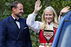 Norway's Crown Prince Haakon and Crown Princess Mette-Marit attend the wedding of Norway's Princess Martha Louise and Durek Verrett, in Geiranger, Norway, Saturday Aug. 31, 2024. (Cornelius Poppe/NTB via AP)
