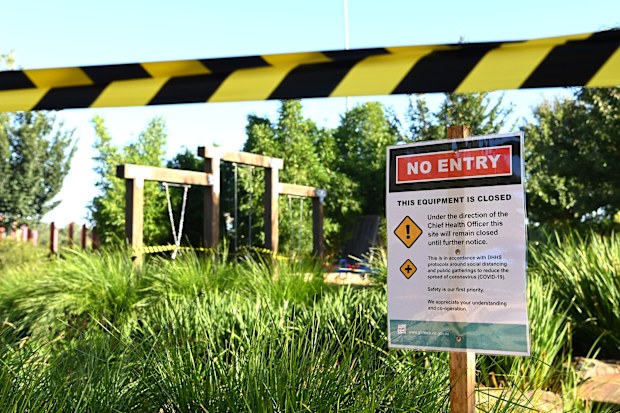 MELBOURNE, AUSTRALIA - MARCH 31: An information notice stating the closure of outdoor playground equipment is seen on March 31, 2020 in Melbourne, Australia. Public gatherings are now limited to two people, as the Australian Government introduces tougher restrictions in response to the COVID-19 pandemic. Prime Minister Scott Morrison on Sunday told Australians to stay home unless they are shopping for food, receiving medical attention, going to work or education, or for exercise, which is now li
