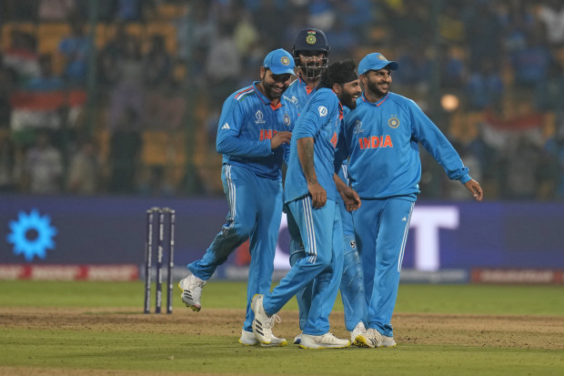 India's Ravindra Jadeja celebrates with teammates after the dismissal of Netherlands' Roelof Van Der Merwe.