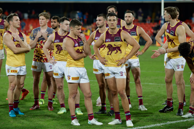 GOLD COAST, AUSTRALIA - JULY 29: A dejected Brisbane Lions are seen after the 2023 AFL Round 20 match between the Gold Coast SUNS and the Brisbane Lions at Heritage Bank Stadium on July 29, 2023 in Queensland, Australia. (Photo by Russell Freeman/AFL Photos via Getty Images)