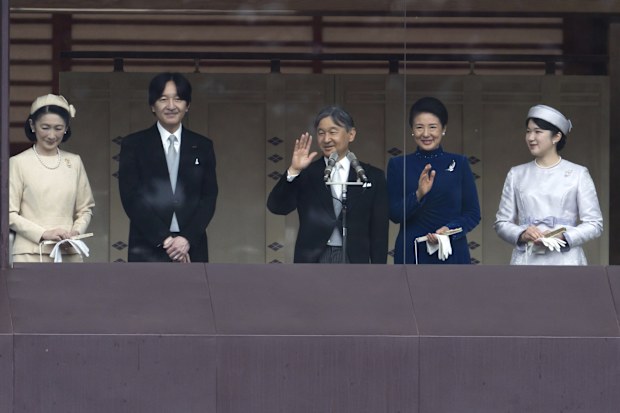 Japan's Emperor Naruhito, center, and Empress Masako wave to well-wishers from the balcony of the Imperial Palace as Crown Princess Kiko, from left, Crown Prince Akishino and Naruhito and Masako's daughter Princess Aiko, far right, look on in Tokyo on Friday, Feb. 23, 2024. Emperor Naruhito turns 64 on Friday. (Tomohiro Ohsumi/Pool Photo via AP)
