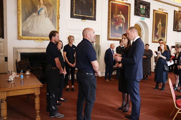 NMA Solo - Prince and Princess of Wales visit the Guildhall Windsor to thank volunteers and staff that worked on the funeral of HM Queen Elizabeth II, the couple spoke to people standing next to a portrait of Queen Elizabeth II donated to the borough of Windsor by HM The queen in 1955
