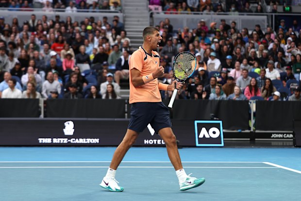 Alexei Popyrin of Australia celebrates winning a point against Taylor Fritz of the United States. (Photo by Cameron Spencer/Getty Images)