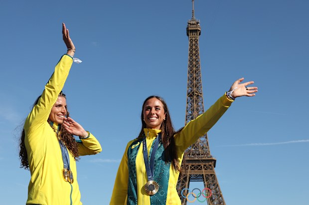 Women's Canoe Slalom gold medalists Jessica Fox (L) and Noemie Fox of Team Australia pose for a photo with their medals at Champions Park on day eleven of the Olympic Games Paris 2024 on August 06, 2024 in Paris, France. 