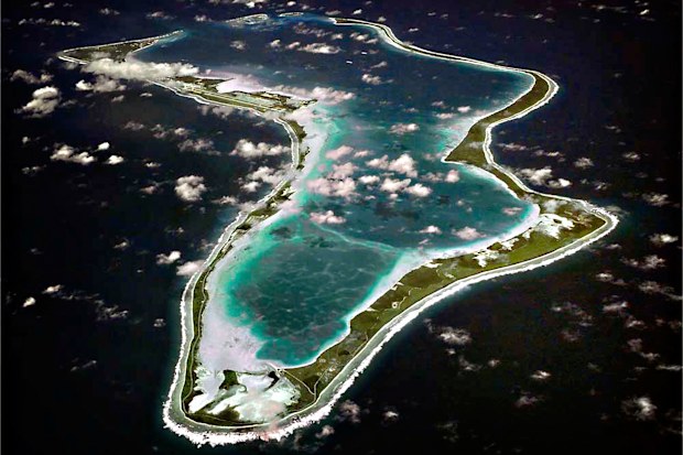 An aerial view of the island of Diego Garcia.