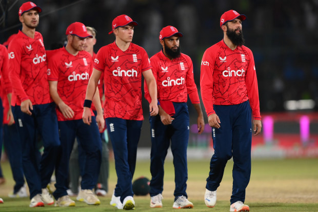 England captain Moeen Ali leads his team from the field after losing the 2nd IT20 between Pakistan and England at Karachi National Stadium on September 22, 2022 in Karachi, Pakistan. (Photo by Alex Davidson/Getty Images)