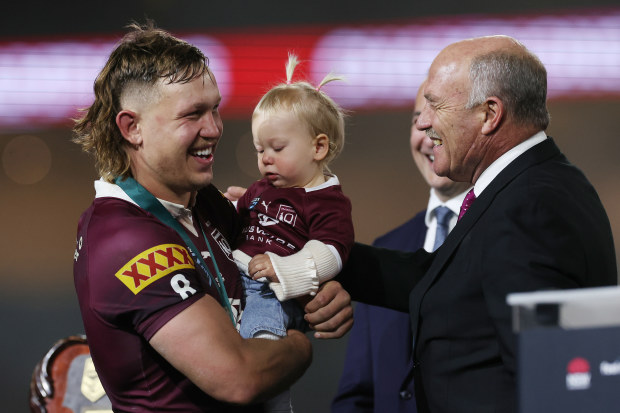 Wally Lewis medallist Reuben Cotter of the Maroons receives the Player of the Series medal after game three of the State of Origin series.