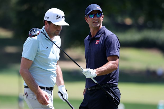 Adam Scott of Australia and Keegan Bradley of the United States walk from the third tee during the second round of the BMW Championship at Wilmington Country Club on August 19, 2022 in Wilmington, Delaware. (Photo by Rob Carr/Getty Images)