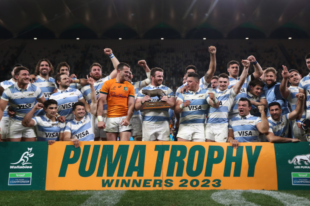 The Pumas celebrate at CommBank Stadium.