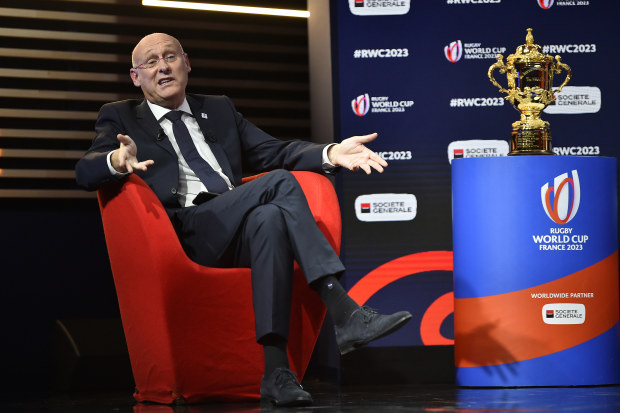 Vice-Chairman of World Rugby Bernard Laporte speaks on stage during the Rugby World Cup France 2023 draw.