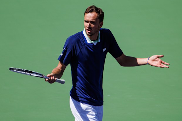Daniil Medvedev reacts during his loss at the BNP Paribas Open at Indian Wells.