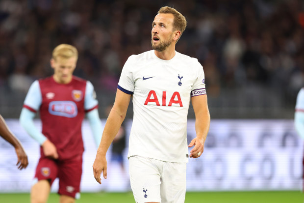 PERTH, AUSTRALIA - JULY 18: Harry Kane of Tottenham looks to the scoreboard during the pre-season friendly match between Tottenham Hotspur and West Ham United at Optus Stadium on July 18, 2023 in Perth, Australia. (Photo by James Worsfold/Getty Images)