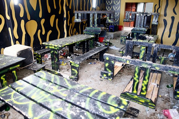 A view of the inside of the Enyobeni Tavern where 21 teenagers lost their lives in the early hours of Sunday, June 26, in Scenery Park, East London South Africa, Tuesday, July 5, 2022. The toxic chemical methanol has been identified as a possible cause of the deaths of 21 teenagers at a bar in the South African city of East London last month, authorities said at press conference in East London Tuesday. July 19, 2022.  (AP Photo/File)