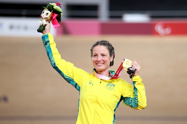 Emily Petricola celebrates winning gold at Tokyo 2020.