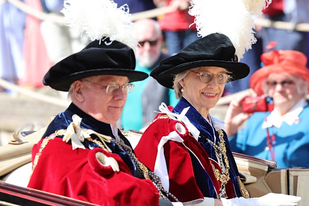 Prince Richard, Duke of Gloucester and Birgitte, Duchess of Gloucester depart the Order Of The Garter Service at Windsor Castle on June 17, 2024 in Windsor, England.