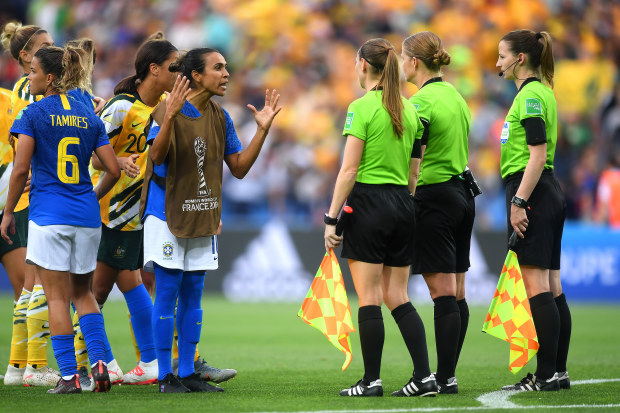 Marta of Brazil confronts the match officials after the 2019 FIFA Women's World Cup France group C match between Australia and Brazil at Stade de la Mosson  (Photo by Michael Regan/Getty Images)