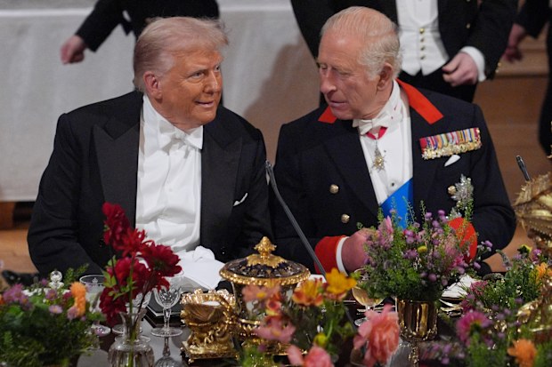 WINDSOR, ENGLAND - SEPTEMBER 17: US President Donald Trump and King Charles III during a State Banquet at Windsor Castle for the State visit by the President of the United States of America on September 17, 2025 in Windsor, England. President Trump is in England from Sept. 16-18 on his second UK state visit, with the previous one taking place in 2019 during his first presidential term. (Photo by Yui Mok - WPA Pool/Getty Images)
