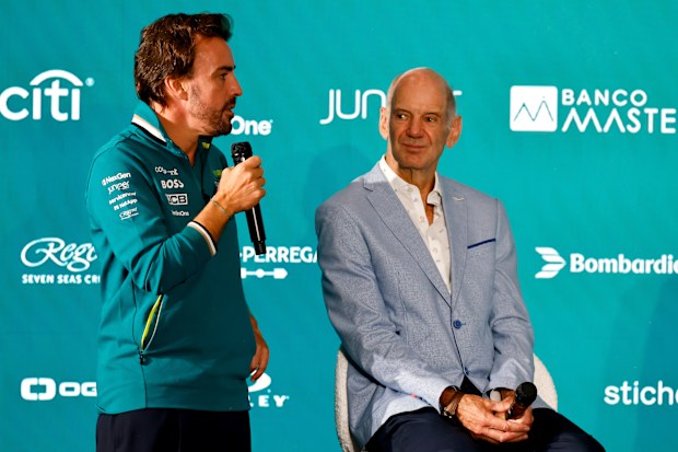 Fernando Alonso, Aston Martin F1 Team, and Adrian Newey at a press conference at Aston Martin Headquarters on September 10, 2024 in Silverstone, England. (Photo by Andrew Ferraro/Getty Images for Aston Martin)