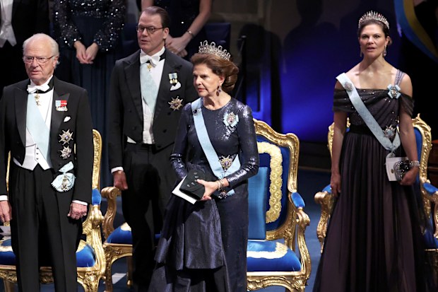 STOCKHOLM, SWEDEN - DECEMBER 10: (L-R) King Carl XVI Gustaf of Sweden, Prince Daniel, Duke of Västergötland, Queen Silvia of Sweden and Crown Princess Victoria of Sweden attend the Nobel Prize Awards Ceremony 2024 at Stockholm Concert Hall on December 10, 2024 in Stockholm, Sweden.  (Photo by Pascal Le Segretain/Getty Images)
