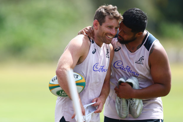 Bernard Foley and Folau Fainga'a during a Wallabies training session at Sanctuary Cove.