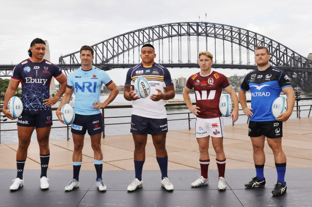 (From left) Rob Leota of the Melbourne Rebels, Jake Gordon of the NSW Waratahs, Alan Alaalatoa of the ACT Brumbies, Tate McDermott of the Queensland Reds and Tom Robertson of the Western Force.