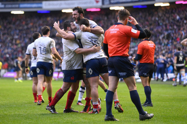 Charles Ollivon of France celebrates with team mates after defeating Scotland in round two of the Six Nations.