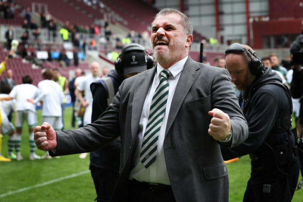 Angelos Postecoglou, Manager of Celtic, celebrates after winning the Cinch Scottish Premiership following the match between Heart of Midlothian and Celtic FC at Tynecastle Park on May 07, 2023 in Edinburgh, Scotland. (Photo by Ian MacNicol/Getty Images)