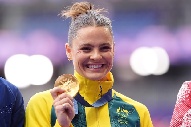 Nina Kennedy during the medal ceremony after winning gold at the Paris 2024 Olympics.