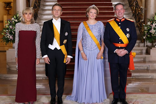 LUXEMBOURG, LUXEMBOURG - OCTOBER 03: Brigitte Macron, President of France, Emmanuel Macron, Grand Duchess Stéphanie de Lannoy of Luxembourg and Grand Duke Guillaume Jean Joseph Marie of Luxembourg attend a Gala dinner at the Grand Ducal Palace during the Abdication of Grand Duke Henri of Luxembourg and Accession to the Throne of His Royal Highness Crown Prince Guillaume on October 03, 2025 in Luxembourg, Luxembourg. (Photo by Patrick van Katwijk/WireImage)