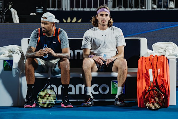 Nick Kyrgios of Australia and Stefanos Tsitsipas of Greece.