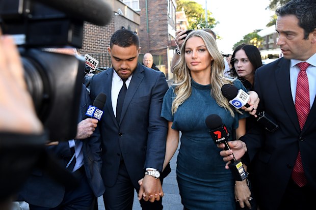 Manly Sea Eagles NRL player Dylan Walker and partner Alexandra Ivkovic leave Manly Court in Sydney, after he was acquitted of assault charges.