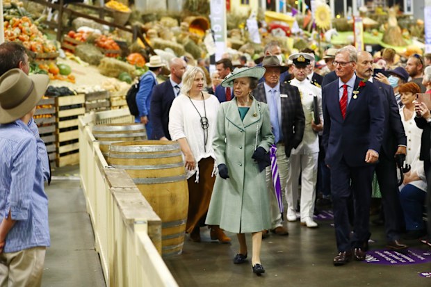 Her Royal Highness Princess Anne, The Princess Royal views stands at the Bicentennial Sydney Royal Easter Show. on April 09, 2022 in Sydney, Australia.