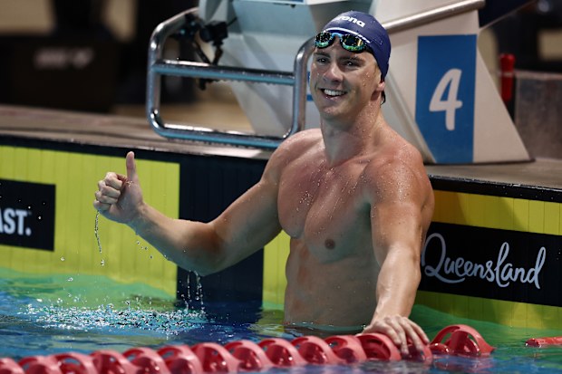 GOLD COAST, AUSTRALIA - APRIL 08: Jamie Jack celebrates winning the Men's 50m Freestyle final during the 2026 Australian Open Swimming at Gold Coast Aquatic Centre on April 08, 2026 in Gold Coast, Australia. (Photo by Chris Hyde/Getty Images)