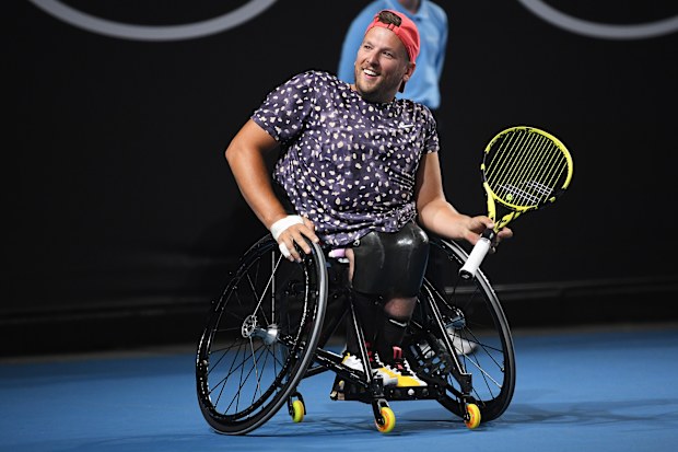 Dylan Alcott smiles during his quad wheelchair singles match.