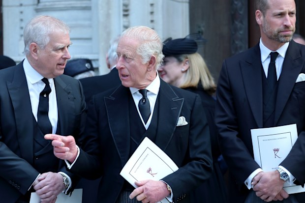 LONDON, ENGLAND - SEPTEMBER 16: Prince Andrew, Duke of York, King Charles III and Prince William, Prince of Wales attend the Funeral of the Duchess of Kent at Westminster Cathedral on September 16, 2025 in London, England. Katharine, Duchess of Kent was married to Prince Edward, Duke of Kent, the first cousin of Queen Elizabeth II. She died on September 4 at the age of 92 at Kensington Palace surrounded by her family. Having converted to Catholicism in 1994, her funeral takes place at Westminste