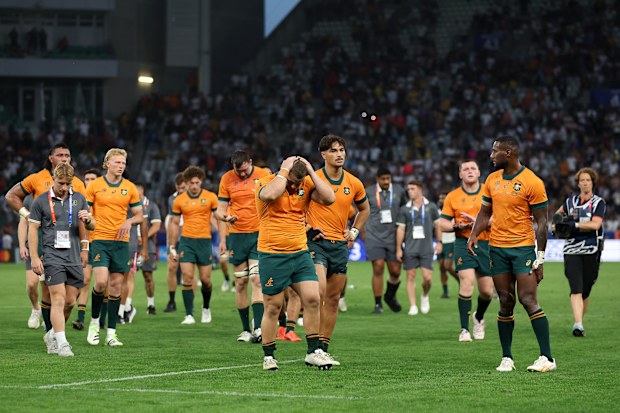 The Wallabies after their loss to Fiji in their second pool match at the Rugby World Cup.