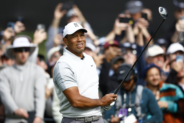 Tiger Woods of the United States plays his shot from the 10th tee during the third round of The Genesis Invitational at Riviera Country Club. (Photo by Ronald Martinez/Getty Images)