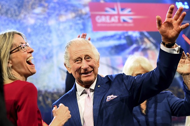 King Charles III, waves next to Jill Gallard, British Ambassador to Germany, on stage at the ceremonial reception hosted by the British Embassy in Hamburg, Germany, Friday, March 31, 2023.