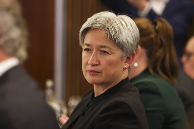 Leader of the Government in the Senate and Minister for Foreign Affairs Penny Wong during Prime Minister Anthony Albanese's address to the National Press Club of Australia in Canberra on Thursday 2 April 2026. fedpol Photo: Alex Ellinghausen