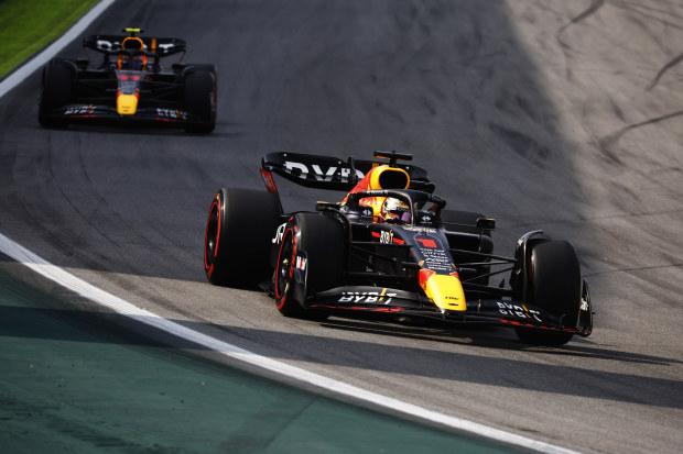 Max Verstappen leads Sergio Perez during the  2022 Sao Paulo Grand Prix.