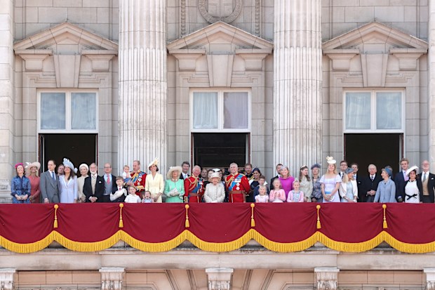 (L-R) Prince William holding Prince Louis, Prince George, Princess Charlotte, Duchess of Cambridge, Duchess of Cornwall, Vice Admiral Tim  Laurence, Prince Charles, Princess Beatrice, Princess Anne, Queen Elizabeth, Princess Eugenie, Lady Louise Windsor, Prince Andrew, Prince Harry, Meghan, Duchess of Sussex, Isla Phillips, James, Viscount Severn, Savannah Phillips, Peter Phillips, Autumn Phillips