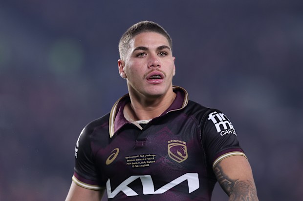 HULL, INGLATERRA – 19 DE FEBRERO: Reece Walsh de los Brisbane Broncos durante el partido World Club Challenge entre Hull KR y Brisbane Broncosat MKM Stadium el 19 de febrero de 2026 en Hull, Inglaterra. (Foto de Alex Livesey/Getty Images)