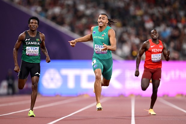 From left: Muzala Samukonga, Reece Holder and Kevin Kipkorir in action in the heats.