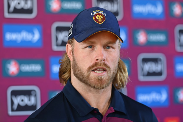 BRISBANE, AUSTRALIA - SEPTEMBER 05: Daniel Rich of the Lions speaks to the media during a Brisbane Lions AFL training session at Brighton Homes Arena on September 05, 2023 in Brisbane, Australia. (Photo by Albert Perez/Getty Images)