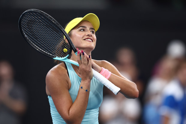 Arina Rodionova of Australia celebrates winning her match against Sofia Kenin at the Brisbane International.
