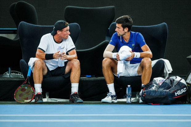 Lleyton Hewitt and Novak Djokovic at Margaret Court Arena.