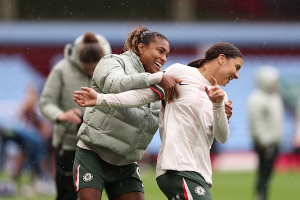 Catarina Macario and Sam Kerr of Chelsea celebrate after the team's victory.