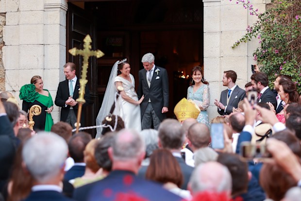 BORMES-LES-MIMOSAS, FRANCE - APRIL 29: Her Royal Highness Alexandra of Luxembourg & Nicolas Bagory leave their religious wedding on April 29, 2023 in Bormes-les-Mimosas, France. (Photo by Arnold Jerocki/Getty Images)