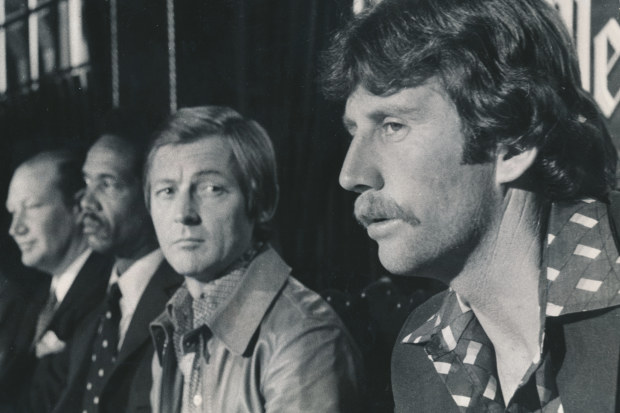 A first press conference for World Series Cricket with Ian Chappell [far right], John Cornell, Sir Garfield Sobers and Kerry Packer.
